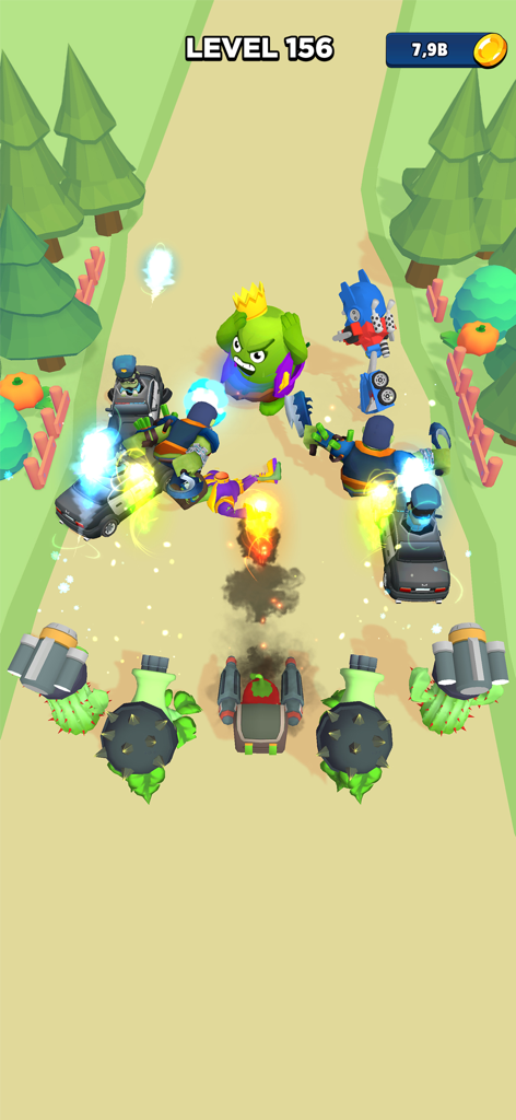 Merge Master: Idle Zombie War - A 3D battle scene in Merge Master Idle Zombie War showing plants and zombies attacking a large green boss at level 156