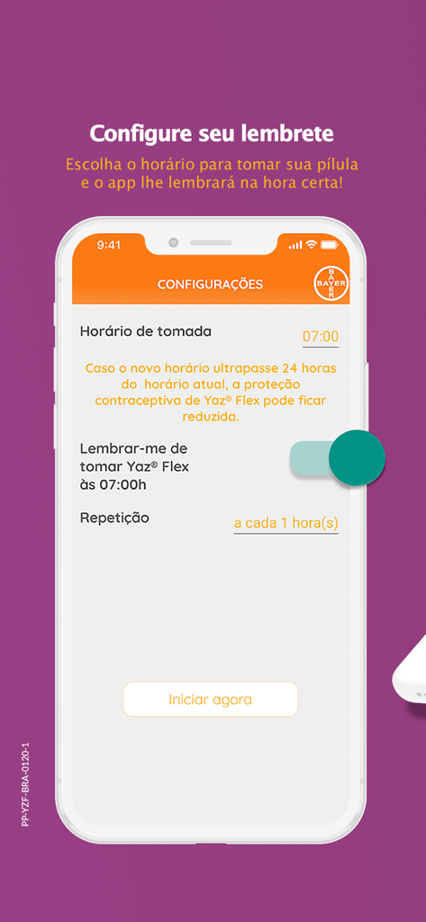 Yaz Flex - Yaz Flexアプリの毎日避妊ピルのリマインダーを設定するためのインターフェース。
