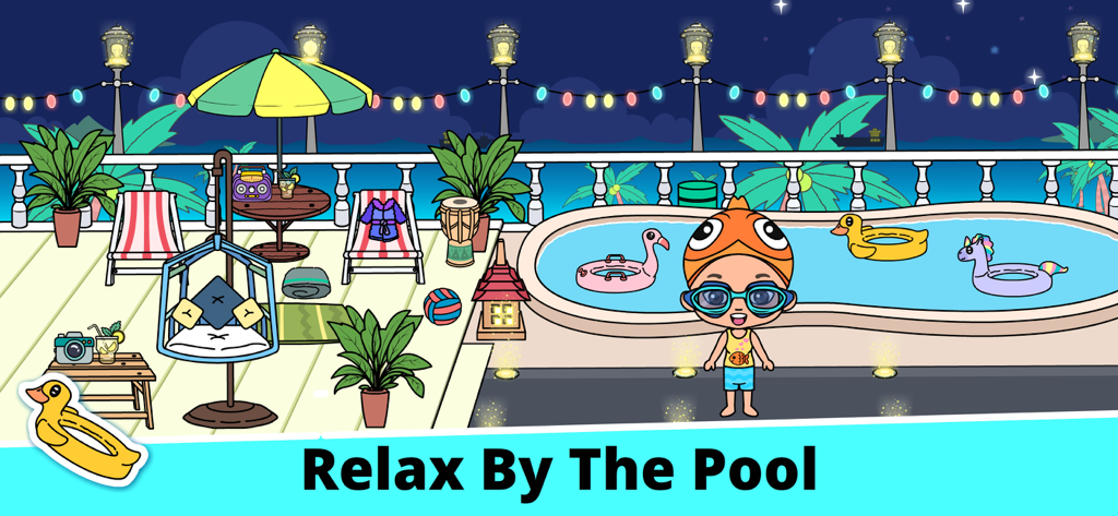 Tizi My World Avatar City Life - Ein Avatar-Charakter entspannt sich nachts an einem Dachpool