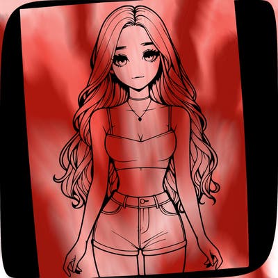 a realistic girl with long hair and in a crop top and shprts