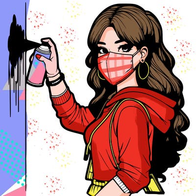 realistic girl with mask spray painting a wall