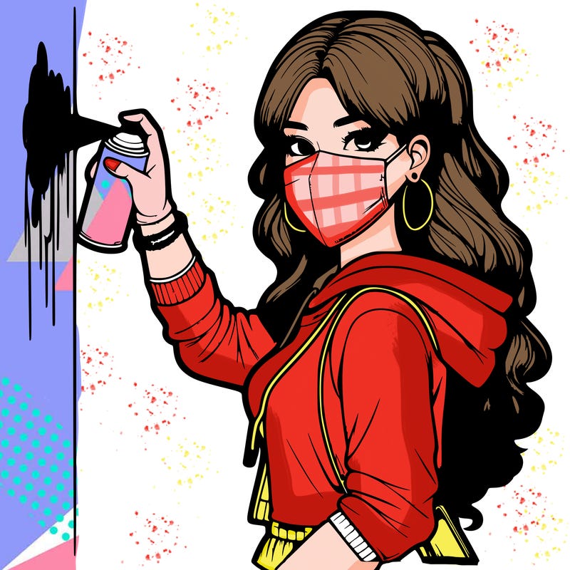 realistic girl with mask spray painting a wall