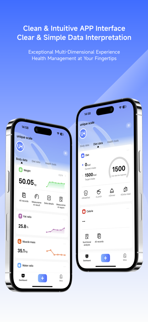 Unique Health app interface displaying body composition metrics and calorie tracking dashboard