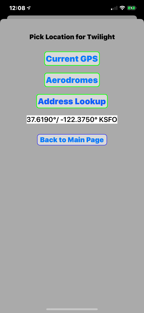 Location selection screen with GPS and airport lookup options