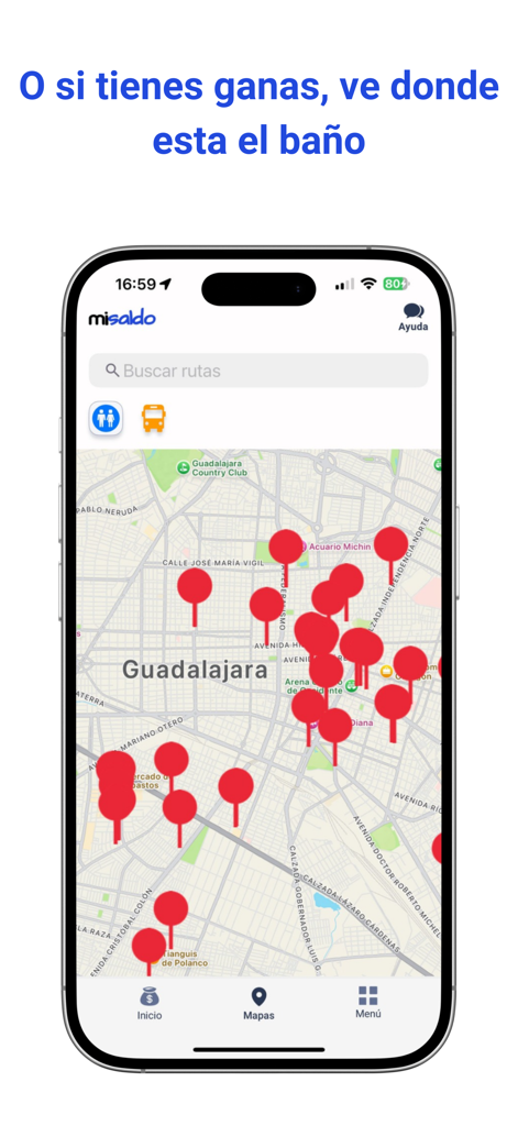 Mi Saldo - Mi Saldo app interface showing a map of Guadalajara with location pins for services like public restrooms
