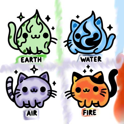 4 cats that represent the different elements, earth, water, air, and fire