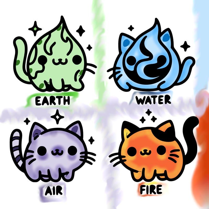 4 cats that represent the different elements, earth, water, air, and fire
