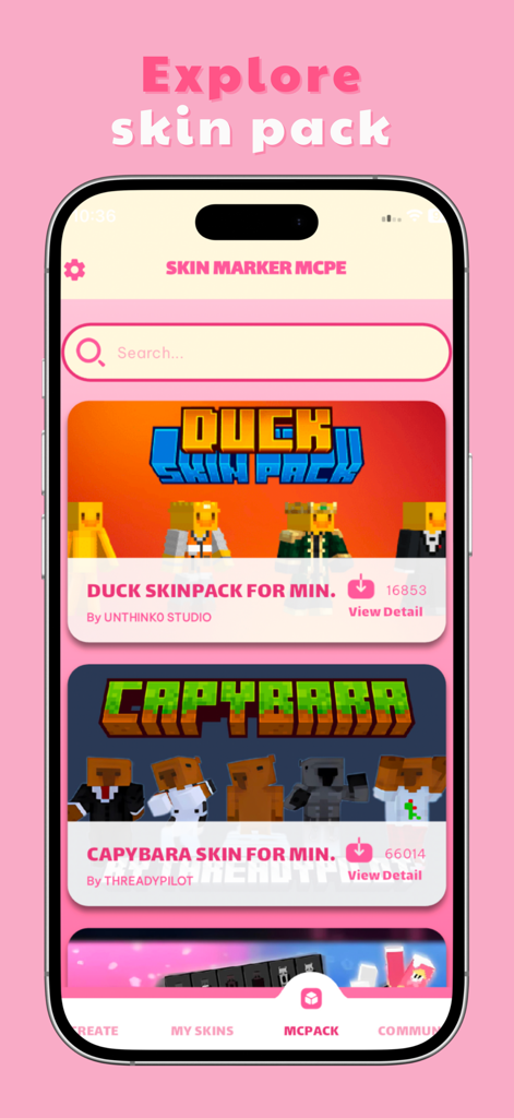 Explore vários pacotes de skins de Minecraft como Pato e Capivara na interface do aplicativo.