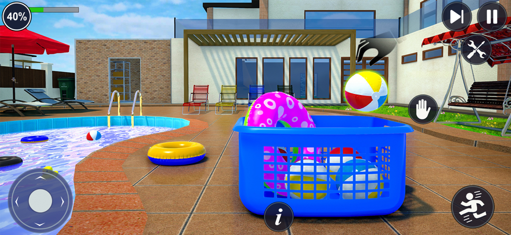 Swimming Pool Cleaning Games - Organizing beach balls and inflatable rings into a basket by the swimming pool