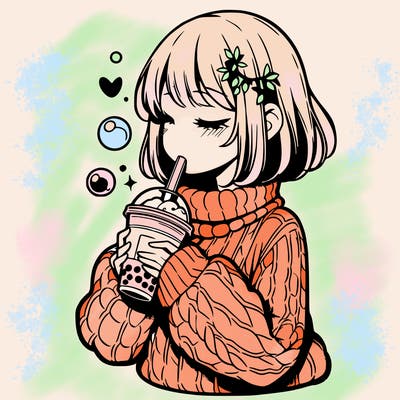 manga girl drinking boba in cozy sweater