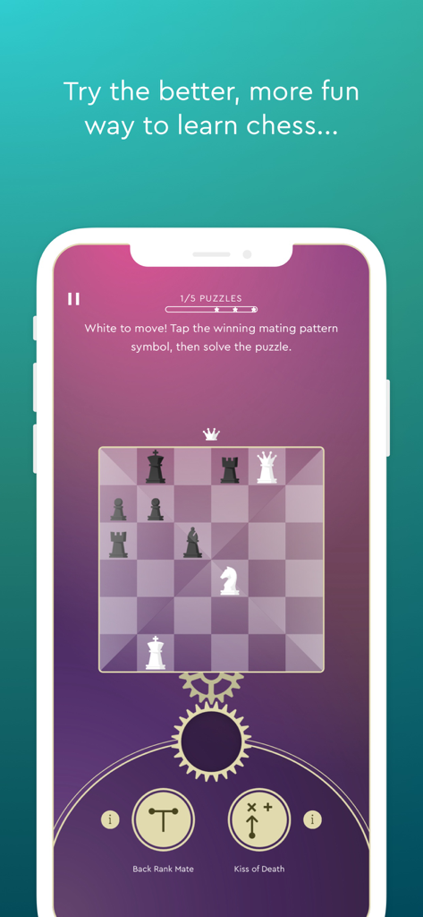 Magnus Trainer - Train Chess - Magnus Trainer app interface showing a gamified chess mating pattern puzzle with options for Back Rank Mate and Kiss of Death