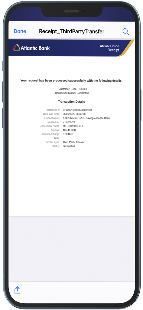 Atlantic Bank Mobile Banking - Pantalla de recibo de transferencia de terceros completada de la aplicación de banca móvil de Atlantic Bank con información detallada de la transacción.