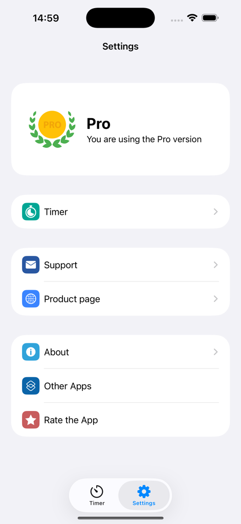 La pantalla de ajustes de la aplicación Chef Timer que muestra el estado Pro y las opciones del menú.
