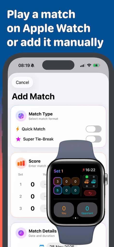 Interface of Padel Fit app showing manual match entry on iPhone and live score tracking on Apple Watch
