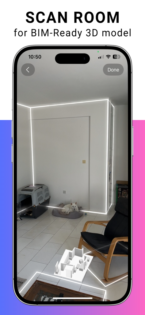 BIM Scanner app interface scanning a room for a BIM ready 3D model