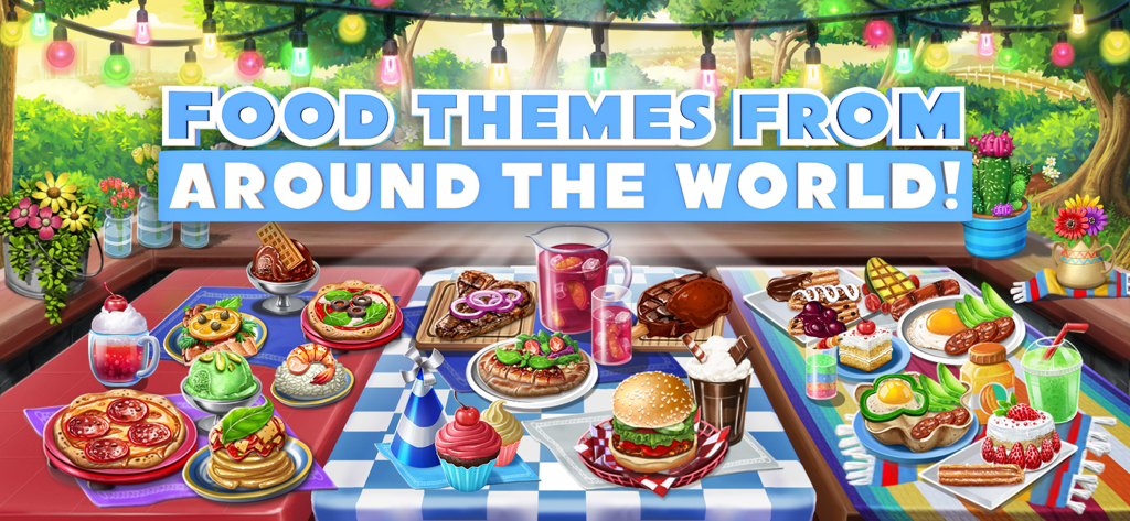 Virtual Families: Cook Off - 緑豊かな屋外の庭園の設定でテーブルに並べられた、ピザ、ハンバーガー、寿司など、さまざまなグルメな国際料理