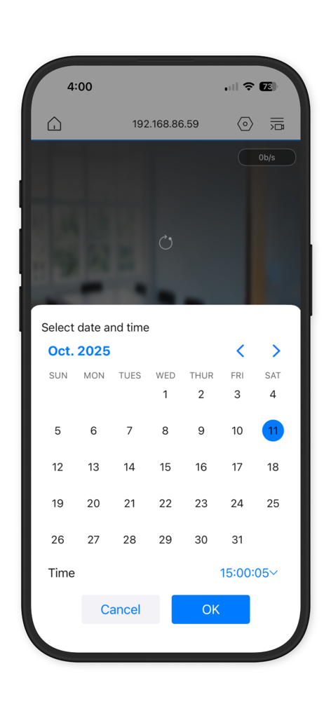 Eclipse IP Net - Calendar and time selector in the Eclipse IP Net app for reviewing recorded security camera footage