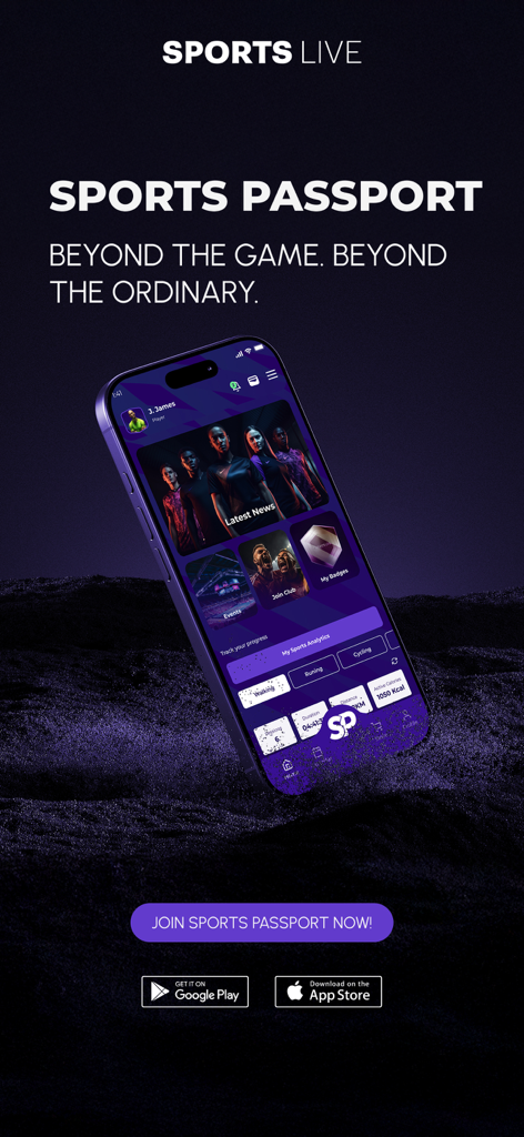 SportsPassport - SportsPassport mobile app interface showing sports analytics dashboard and athlete news on a smartphone