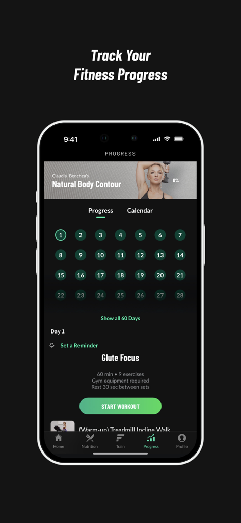 Fitplan app interface displaying a fitness progress calendar and glute focus workout details.