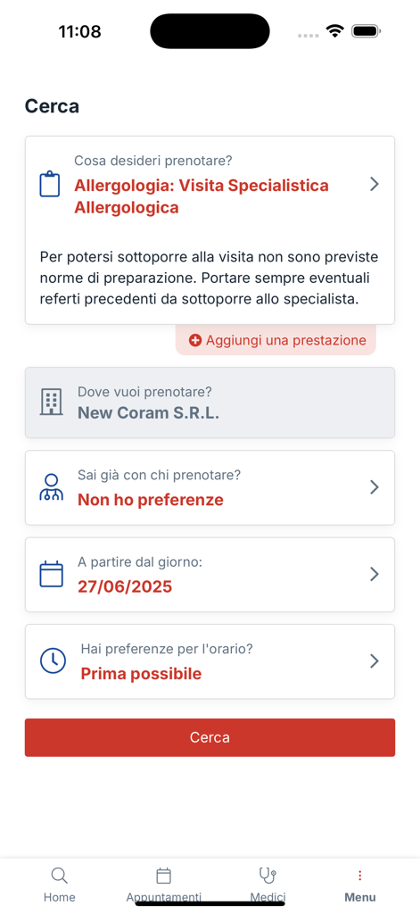 Coram - Écran de recherche de rendez-vous médicaux dans l'application Coram pour la planification d'une visite chez un spécialiste