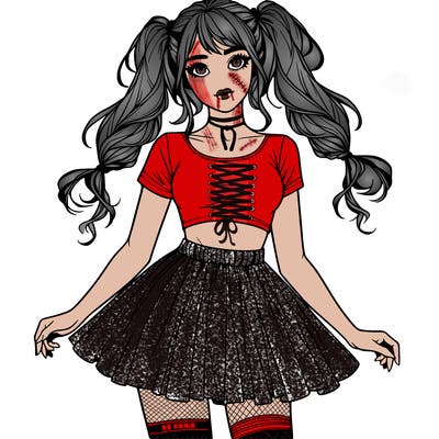 realistic girl in a skirt crop top and pigtails