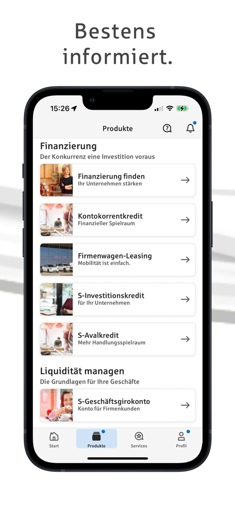 Sparkasse Business - Sparkasse Business mobile app screen showing various business financing and liquidity management products
