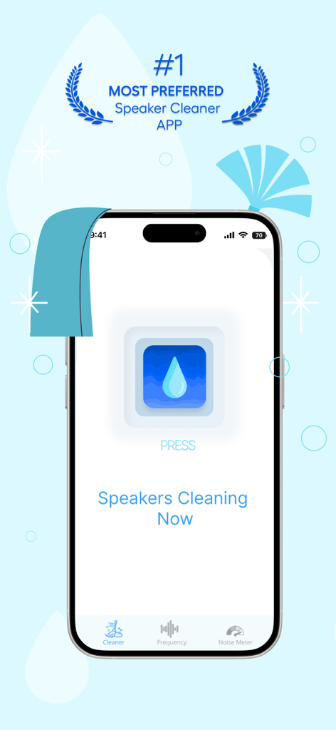 Pantalla del iPhone mostrando la interfaz de la aplicación Clean Speaker Water Eject Wave con un mensaje de estado de limpieza de altavoces en curso