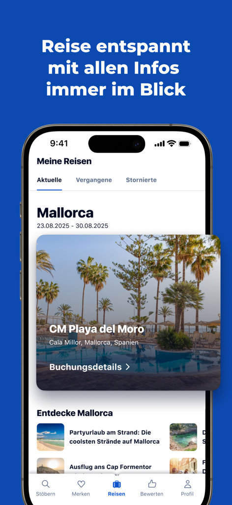 HolidayCheck - Travel & Hotels - Interfaz de la aplicación móvil HolidayCheck que muestra los detalles de viaje reservados para un viaje a Mallorca