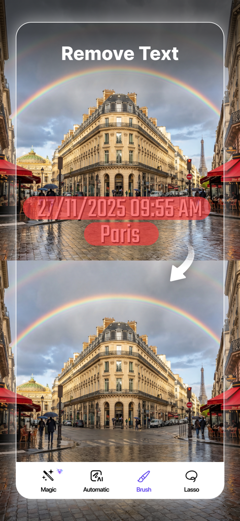 Object Removal AI - AI Retouch - 파리 거리 사진에서 타임스탬프와 텍스트를 제거하는 AI 시연 전후 비교