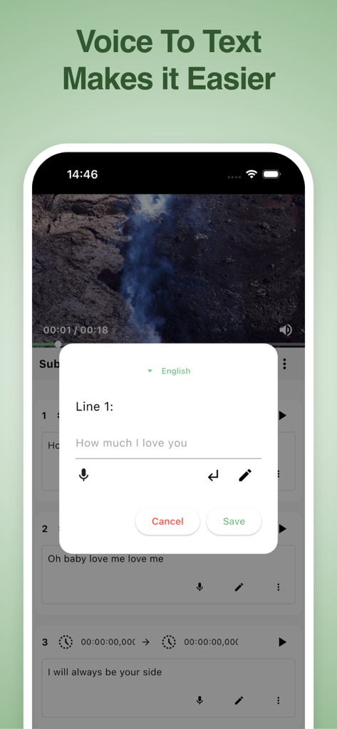 VidSub: Video Subtitle Creator - Interfaz de la aplicación móvil VidSub que muestra la función de voz a texto para crear subtítulos de video