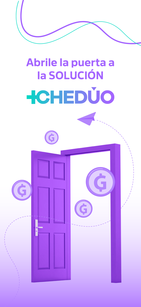 Che Dúo Digital - Pantalla introductoria de la aplicación Che Duo Digital con una puerta abierta y monedas con el símbolo del Guaraní paraguayo