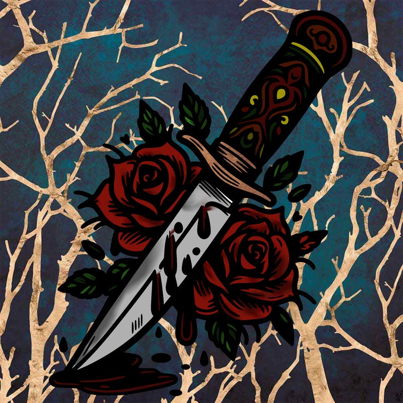 knife with roses and thorns and blood