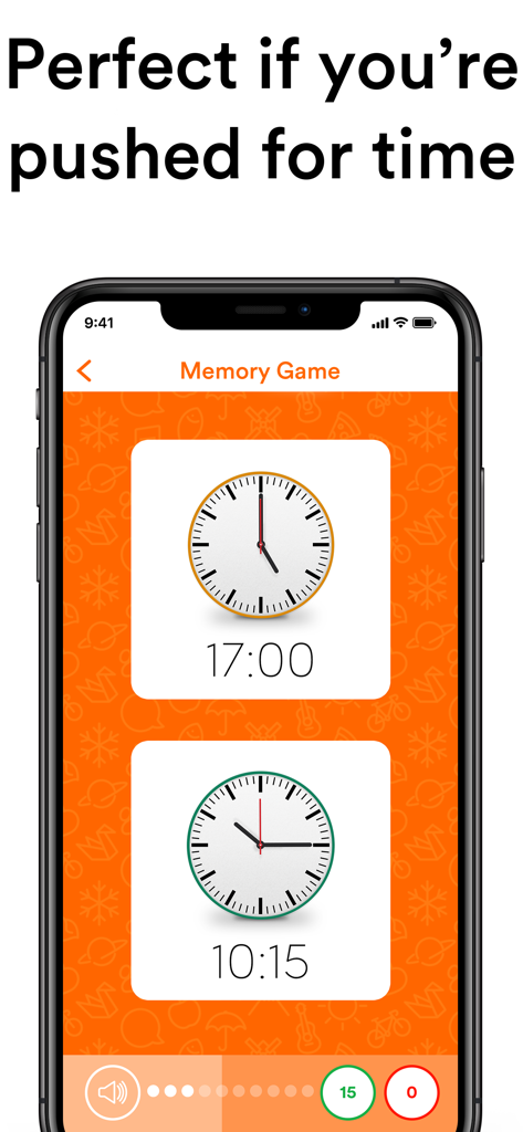 uTalk app memory game showing clock faces for quick language learning sessions