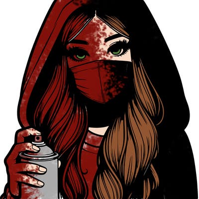 girl wearing a mask with long hair with her hood up spray-painting realistic