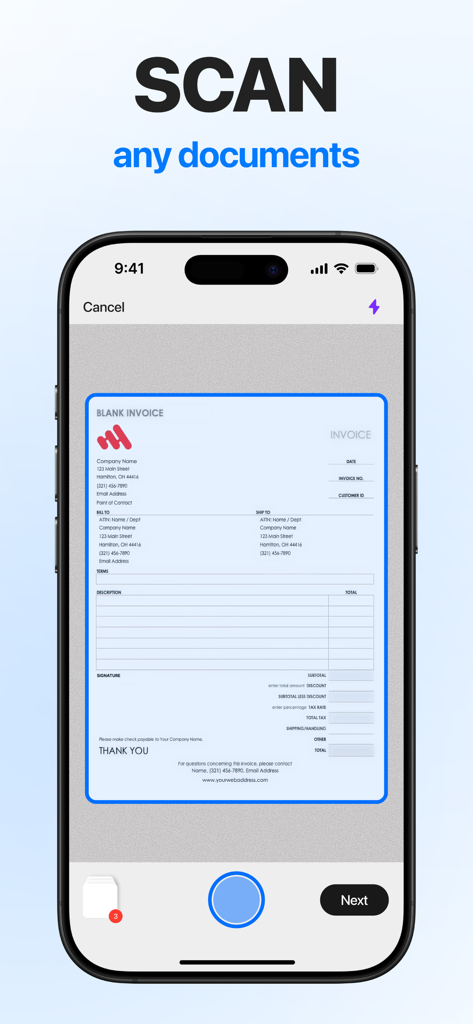 eSign: Fill, Sign Documents - Interfaz de la aplicación móvil que muestra un documento siendo escaneado por la cámara del teléfono