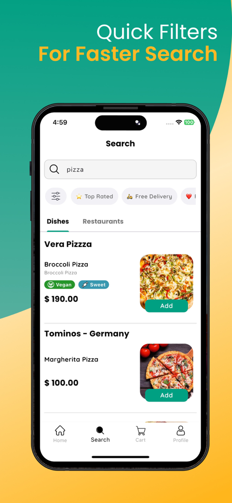 DeliWare - Food Delivery - Search screen of the DeliWare app showing pizza results with quick filters like top rated and free delivery.