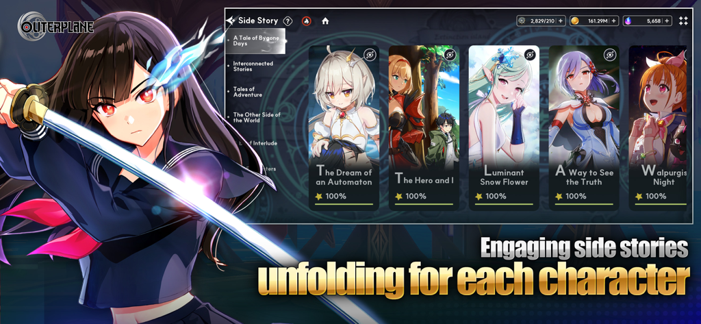 OUTERPLANE - Strategy Anime - Outerplane game screen showing a menu of character side stories and an anime girl with a katana