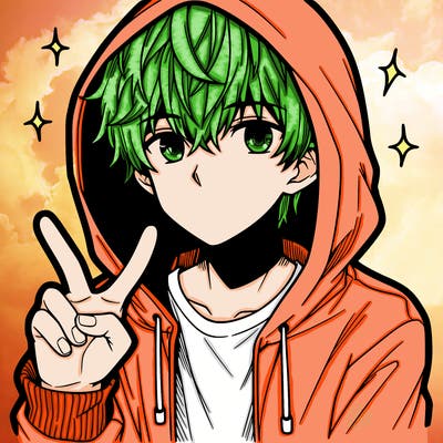 teenage manga boy in a hoodie, doing ✌