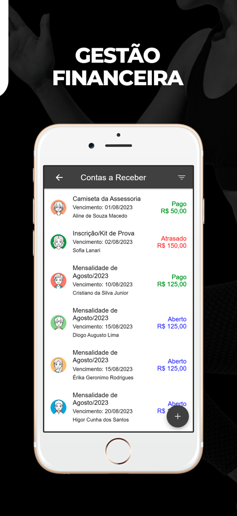 SisRUN Coach - Tela de gestão financeira no aplicativo SisRUN Coach mostrando o status de contas a receber de atletas.