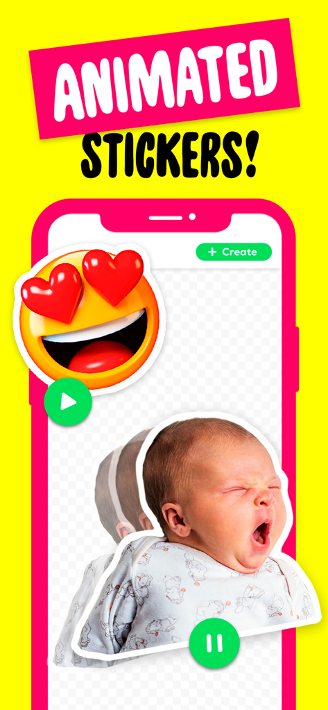 Interface de l'application Sticker Maker montrant des stickers animés d'un bébé bâillant et d'un emoji avec des cœurs dans les yeux.