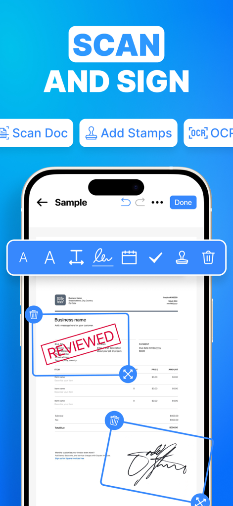 Mobile app interface showing a scanned document with a digital signature and a Reviewed stamp