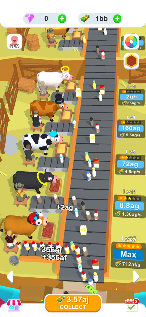 Idle Egg Factory 3D - Idle Egg Factory 3D gameplay showing a factory line with cows and milk bottles