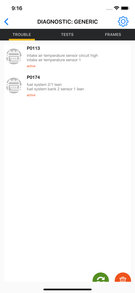 OBD JScan app screen displaying active vehicle diagnostic trouble codes P0113 and P0174