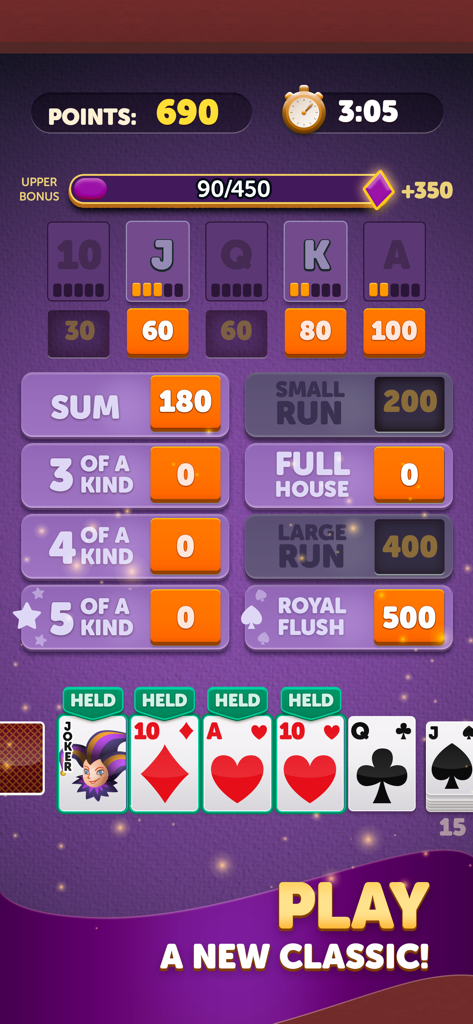 Yatzy Cards gameplay interface showing card combinations and scoring board for a classic card and dice game blend.