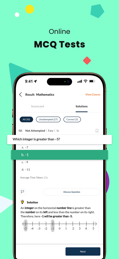 Class 7 CBSE NCERT & Maths App - Online MCQ test result screen in Class 7 CBSE Maths App showing a question about integers with a number line solution.
