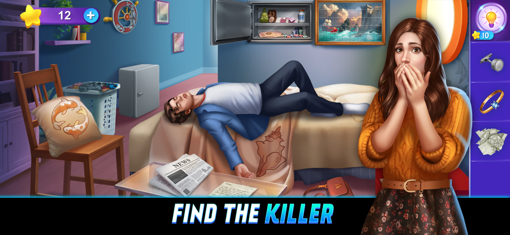 Ermittlungsszene in einem Mordgeheimnis-Handyspiel mit einer Frau, die schockiert auf einen Tatort reagiert