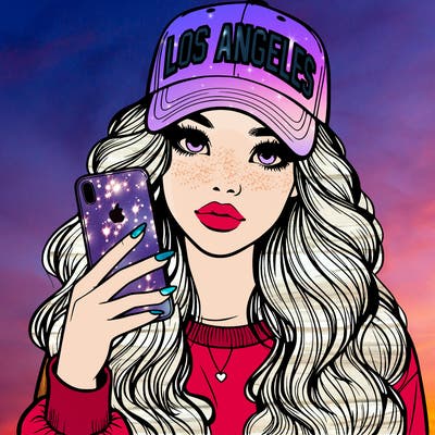 realistic beautiful girl wearing los ángeles cap holding an iphone