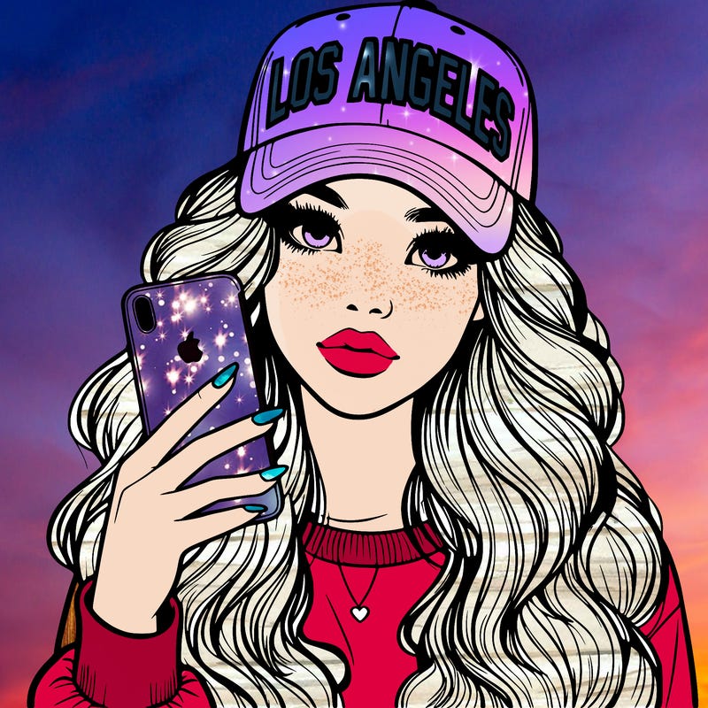 realistic beautiful girl wearing los ángeles cap holding an iphone