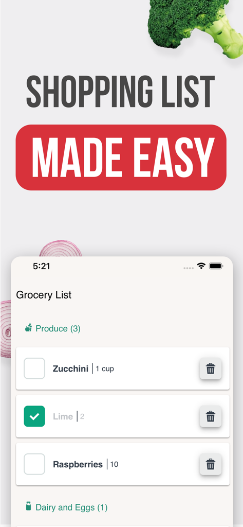 Lista della spesa automatica nell'app Dieta DASH che mostra prodotti freschi come zucchine e lamponi