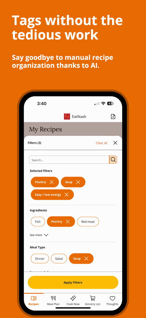 Smartphone interface of the EatStash app showing AI-powered recipe filters like Poultry, Soup, and Easy low energy categories.